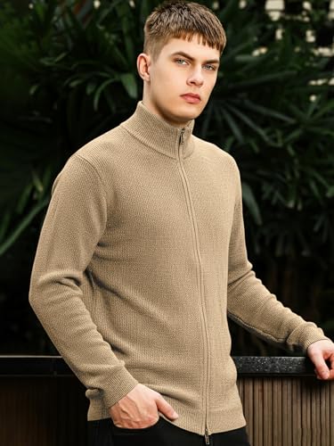 Image of Maniac Mens Solid Texture High Neck Full Sleeve Beige Full Zipper Cotton Jacket