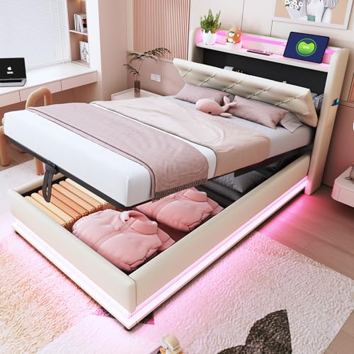 LAKFEW Einzelbett Polsterbett 90x200, Funktionsbett Stauraumbett mit Polster-Kopfteil LED & USB-Aufladung, Hängebett Bett Hydraulischem mit...