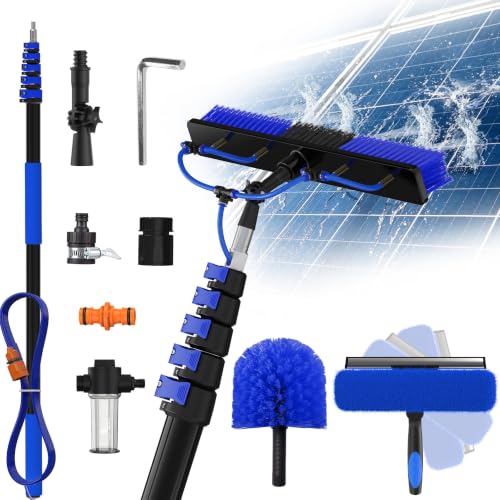 Image of Buyplus 30FT Reach Solar Panel Cleaning Brush Kit with 5-24FT Telescoping Pole, Water Fed Window Cleaner Tool with 20 inch Brush, Soap Dispenser, Cobweb Duster, Squeegee for Roof, RV, Gutter, Deck,Blue