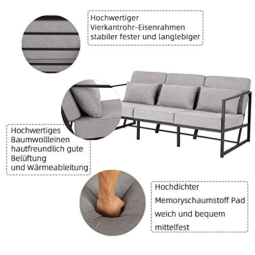 Mingone Sofa 3 Sitzer Sofa Couch Metall Sofa Sessel Modern Gepolsterter mit Leinen Soff Wohnzimmer,Taupe 170cm – Bild 5