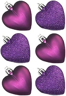 Davies 6 Pack 50mm Glitter / Plain Hearts Christmas Decoration - Purple