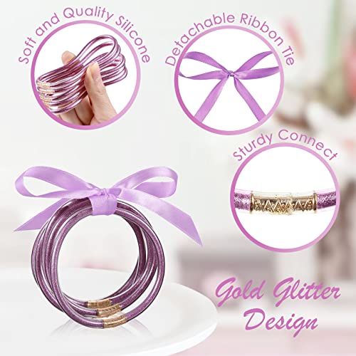 Xinnun 60 Pieces Glitter Jelly Bracelets Jelly Bangle Bracelets Set Colorful Glitter Filled Silicone Bracelets With Ribbon Bow For Girl Women Valentine's Day #TOP4