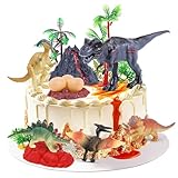 BlingABC 15PCS Dinosaurs Cake Toppers, Trex Dino Eggs Volcano Tree Cake Decorations for Kids Birthday Baby Shower Jurassic Wild Animal Dinosaur Theme Party Supplies