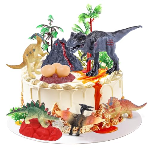 BlingABC 15PCS Dinosaurs Cake Toppers, Trex Dino Eggs Volcano Tree Cake Decorations for Kids Birthday Baby Shower Jurassic Wild Animal Dinosaur Theme Party Supplies