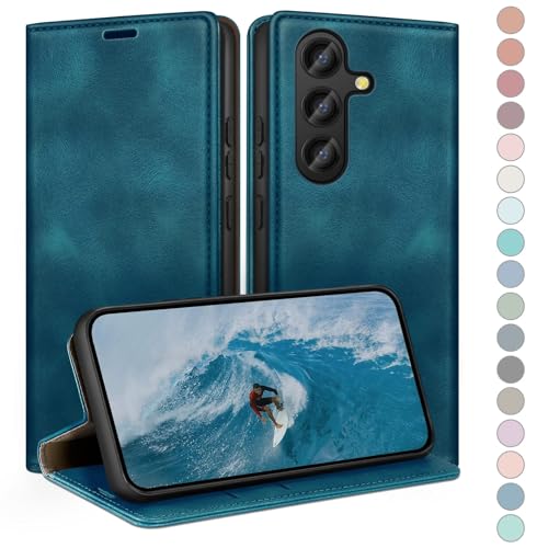 Coque Samsung S23 FE 5G en cuir premium HUOUH protection clapet chic sarcelle