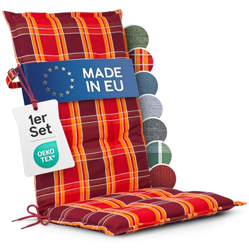 Hochlehner Auflagen 1er Set - 120x50 cm - Gartenstuhlauflagen Sitzauflagen - Oeko-Tex zertifiziert - Hochlehner Polster - Gartenstuhl Stuhlauflagen mit Befestigung - Made in EU - Rot-Kariert