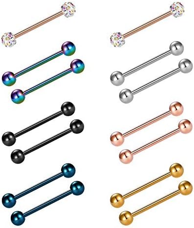 vcmart 14pcs 14G 18mm Tongue Rings Nipple Straight Barbells Surgical Steel Body Piercing Jewelry
