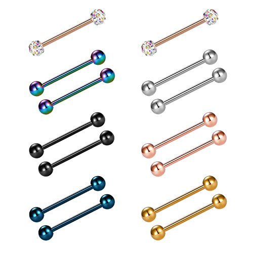 Vcmart 14Pcs 14G 18Mm Tongue Rings Nipple Straight Barbells Surgical Steel Body Piercing Jewelry #TOP19