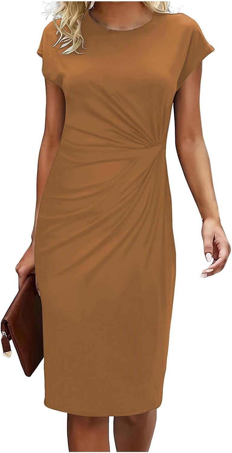 Women Short Sleeve Round Neck Ruched Waist Flowy Cocktail Party Work Midi Dresses Fashion Loose Solid Color Clothes