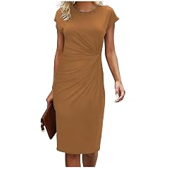 Short Sleeve Dresses for Women Crew Neck Ruched Waist A-Line Midi Dresses Solid Color Elegant Work Business Outfit
