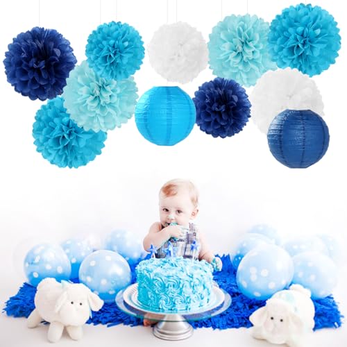 Image of Blue-White Birthday Party-Decorations Paper-Flowers Lanterns - 15PCS Light Royal Tissue Pom Poms Streamers,Classroom Ocean Themed Baby Bridal Shower Bachelorette Wedding Hanging Supplies Decor Hugfond