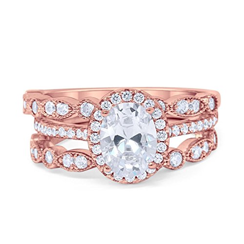 Three Piece Halo Art Deco Wedding Band Engagement Ring Simulated Oval Round Cubic Zirconia Rose Tone 925 Sterling SilverSize-5