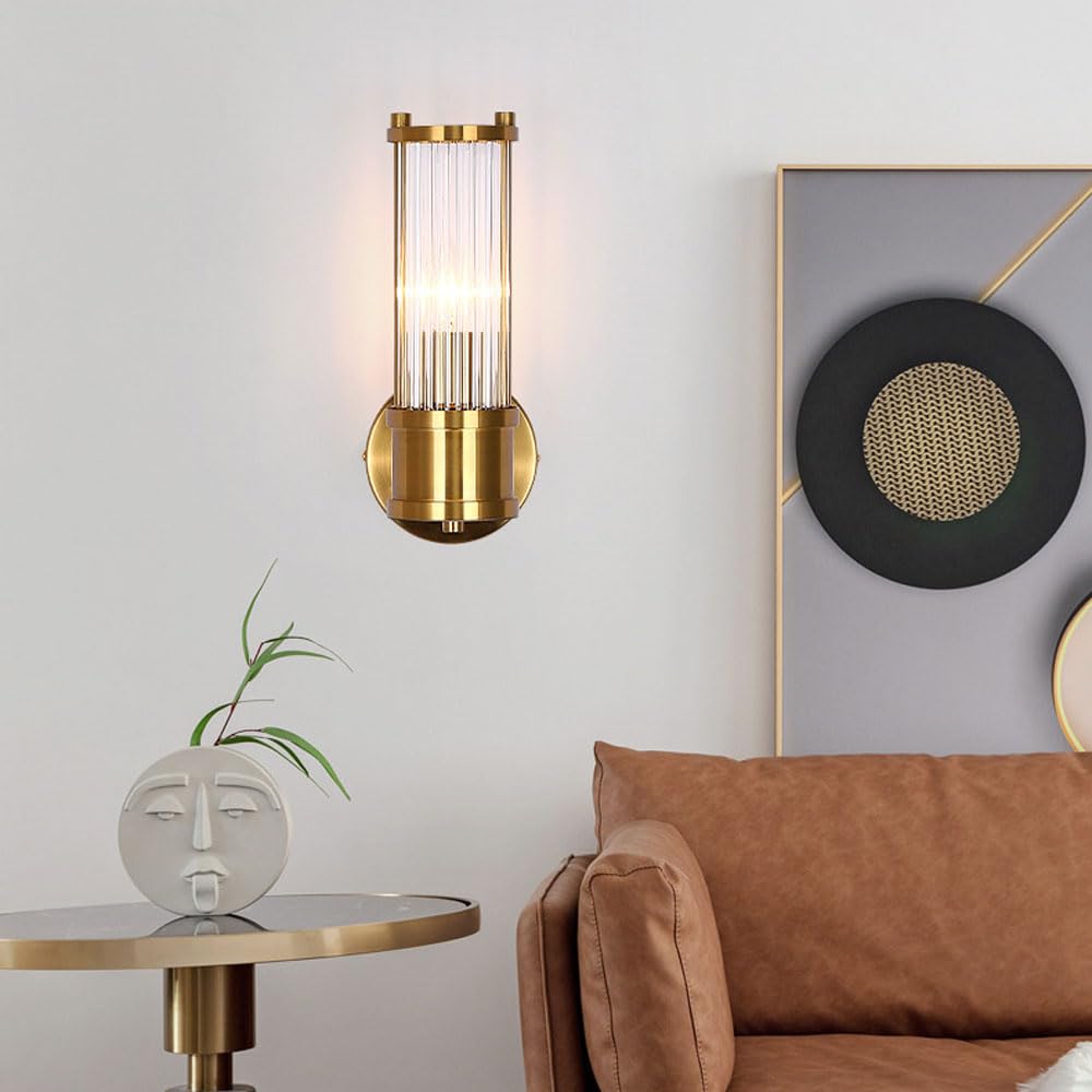 Applique da Parete con Vetro a Coste Dorate, Lampada da Bagno Moderna, Applique a Cablaggio Fisso, Illuminazione Interna con Attacco E27, luci per Soggiorno, Camera da Letto, lampa