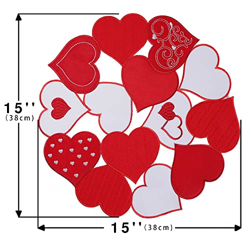 Simplebrand Valentines Day Placemats Set Of 4, 15 Inches Round Red Placemats For Wedding Anniversary, Embroidered Heart Table Placemats Indoor Outdoor Love For Dining Party Decor #TOP5