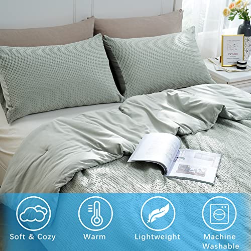 Atsense Sage Green Waffle Comforter Set Queen Size, Microfiber Comforters Soft And Lightweight, 3 Pieces Waffle Weave Bedding Comforter Set, Durable And Easy Care Bed Comforter For All Season #TOP3