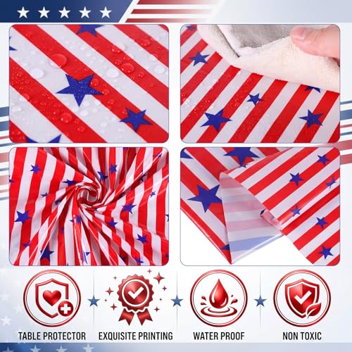 Image of Oudain 4th of July Decoration Tablecloths 84 Inch Plastic 250th Anniversary Patriotic Tablecloth American Flag Red White Blue Disposable Tablecover for Memorial Day Party Supplies(6 Pcs,Retro)