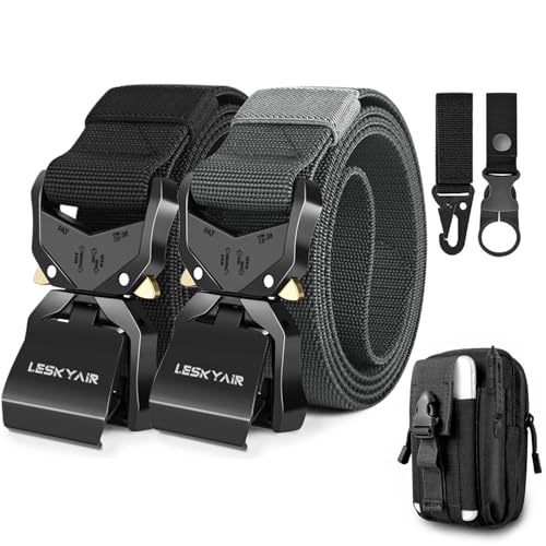 Leskyair 2er Herren Taktischer Gürtel 1,5-Zoll-Hochleistungsgürtel, Nylon Schnellverschluss-Metallschnalle, Geschenk mit taktischem Molle-Beutel und Haken (Schwarz + Grau)