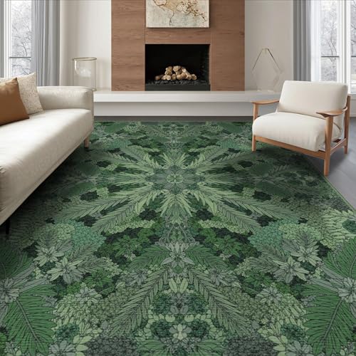 ODIKA 6'x9' Washable Flatwoven Rug, Moss Green Bohemian Leaf Stain Resistant Large Carpet Non-Slip Chair-Friendly Floor Mat for Dining Room, Under Table, Office | Ref:2025492