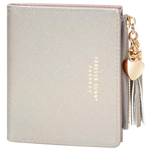 Image of KOTORA Womens Small Wallet Girls Tiny Slim Wallets Pretty Mini Card Holder Thin Short Zip Coin Purse with Love Pendant and Tassels (Silver)
