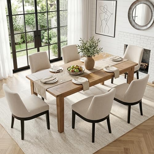 Image of HNY Modern Dining Chairs Set of 6 with Comfortable Back Support, Farmhouse Soft Linen Upholstered Dining Room Chairs with Black Solid Wood Legs, Armless Kitchen Side Chairs for Living Room, Beige