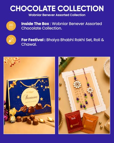 Image of HyperFoods Bhaiya Bhabhi Rakhi with Chocolate Gift Pack and Rakhi for Brother and Bhabhi Gift Hamper Chocolates with rakhi set for Brother Benrove Chocolate (Assorted Color Bags) 350g Gifts Pack