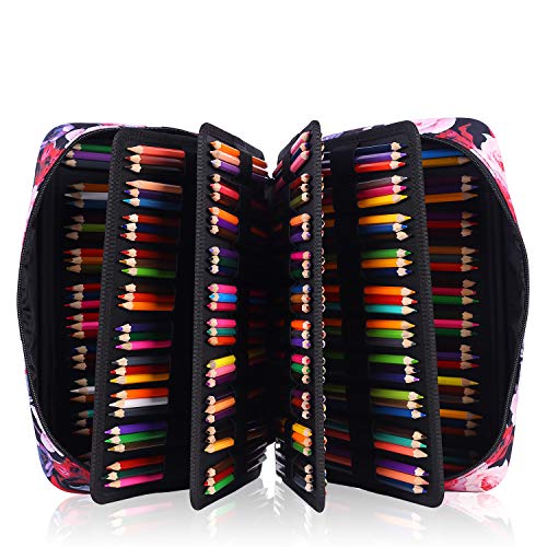 Image of Large Capacity Colored Pencil Case Slot Holds 300 Pencils or 200 Gel Pens with Zipper Closure Nylon Pen Organizer with Handle Strap Pen or Pencil Box for Artis (Red Rose)
