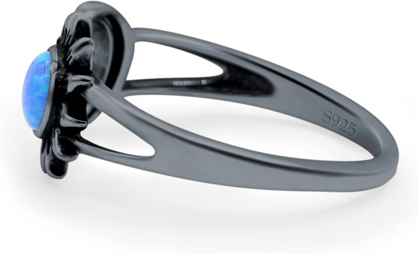 Sun & Moon Ring Lab Created Blue Opal Oxidized Round 925 Sterling Silver