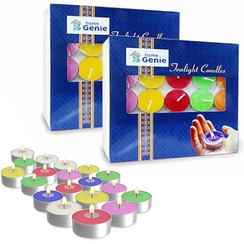 HOME GENIE Tea Lights Candles in Bulk, 100 Pack, 2 to 3 Hour Burn, Smokeless, Dripless & Long Lasting Paraffin Tea Candles,Unscented tealight Candles for Home,Weddings (Multicolor) Cover