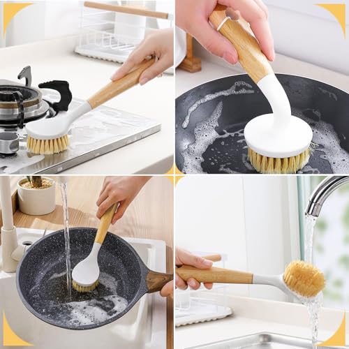 Image of Dish Brush with Handle, Long and Short Handle Kitchen Scrub Brushes with Tough Bristles, Natural Dish Scrubber Brush for Dishes, Pans, Pots and Kitchen Sink Cleaning, 2 Pack White