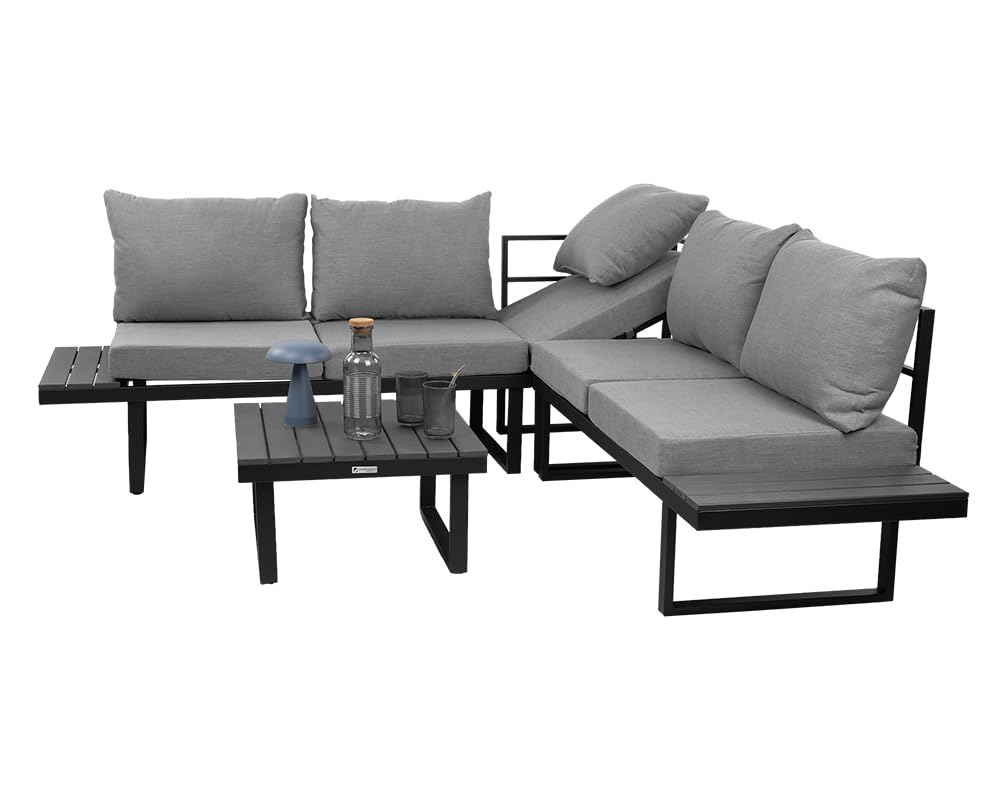 Garten Lounge-Set Pisa, L-Form, Stahl und Holz-Kunststoff-Gemisch, Hellgrau, mit Liegefunktion, inkl. Tisch