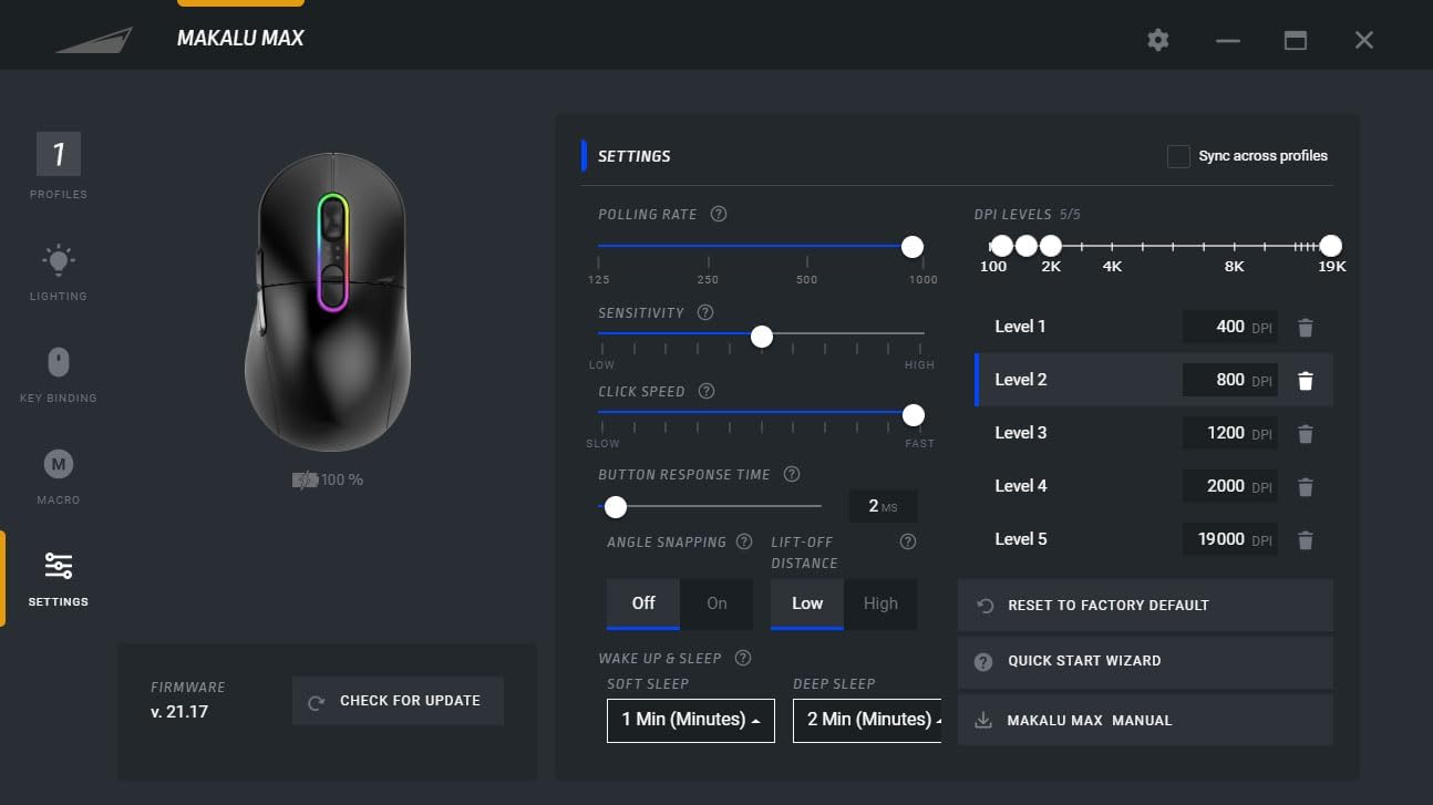 Mountain Makalu Max Mouse - with Modular Side Grips, RGB Illumination, Gravity Control System, PixArt 3370 Sensor and Hybrid connectivity, Black