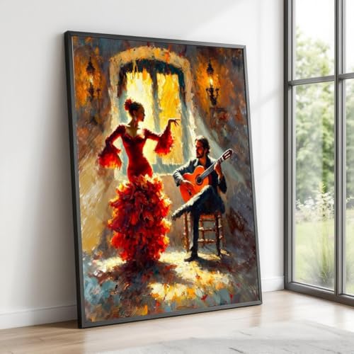 XINBAO Toile représentant une scène de danse flamenco, une musique de guitare, une robe rouge, une décoration méditerranéenne, prête à accrocher (60 x...