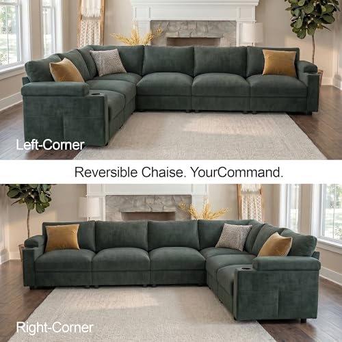 Image of Sectional Couches for Living Room FSC Certified Chenille Modular Couch Oversized Cloud U Shaped Convertible Sleeper Sofa Chaise Detachable Armrest Cushion (Chenille Green, L Shape 6 Seat)