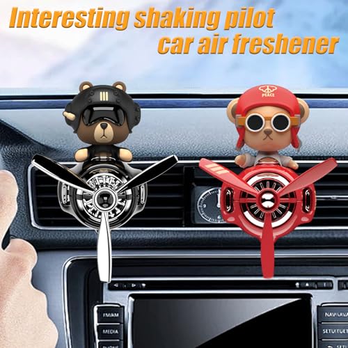 Image of 2Pcs Car Air Fresheners, Cute Bear Pilot Automotive Air Outlet Creative Car Perfume Diffuser, Automotive Accessories Air Vent Decoration with 8 Fragrant Tablets (Black 1+Red 1)