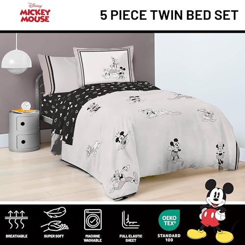 Image of Disney Mickey Mouse and Friends Twin Comforter Set 5 Piece Bedding, Beige | Minnie Donald Goofy, Bed in a Bag, Comforter Sheets Sham Pillowcase, Official Product, Soft Microfiber, Machine Washable