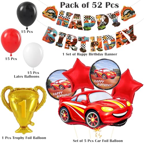 Image of Rozi Decoration Car Racing Theme Birthday Decoration Kit with Car Foil Balloons, Trophy Balloon, Happy Birthday Paper Banner and Red Black White Balloons - 52 Pieces Set