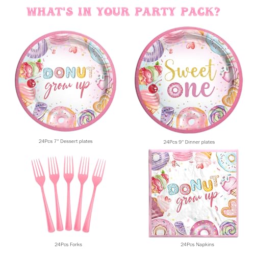 Hombae Sweet One Birthday Party Decorations – 96 PCs Donut Themed One Year Old Birthday Party Supplies with Dinner Plates, Dessert Plates, Napkins, Forks