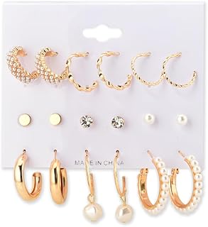 6 Pair Gold Hoop Earrings Set for Women Twisted Hoop Earrings Chunky Gold Hoop Earring Pearl Hoop Earrings for Women Girls Hypoallergenic Twist Earring Tiny Twist Earring