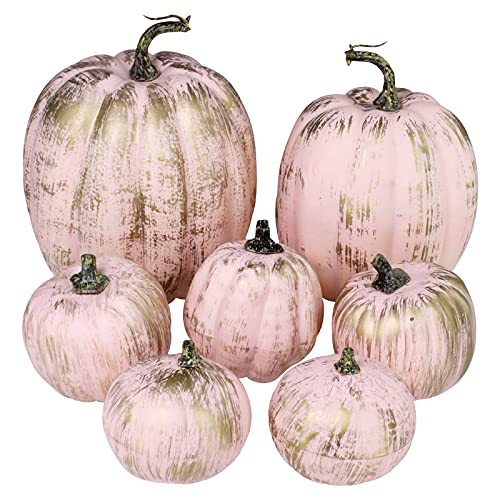 Winlyn 7 Pcs Assorted Artificial Gold Brushed Pink Pumpkins Rustic Decorative Foam Pumpkins for Fall Halloween Harvest Wedding Baby Shower Tabletop Centerpiece Mantel Kitchen Decoration