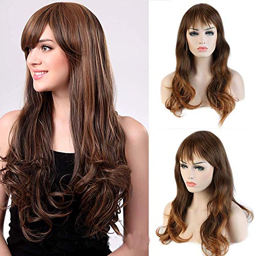 Parrucca Donna Lunga Donna Frangia Capelli Mossi Sintetici Wig Riccia Colorata - Castano ombre Caffe - Parrucche per Travestimento Cosplay Carnevale Halloween 48cm