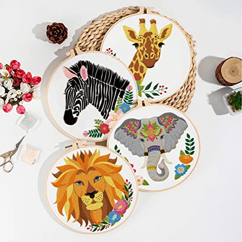 Image of ORIGACH 4 Pcs Wild Animal Embroidery Starters Kit for Beginners, Zebra Lion Elephant Giraffe Embroidery Stitch Practice kit Include Embroidery Cloth, Embroidery Hoops, Threads and Needles