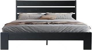 Full Size Bed Frame, Solid Wood Platform Bed with Headboard & Footboard, 12 Heavy-Duty Slatted Structure, Metal Legs, No Box Spring Needed, Anti-Slip & Noise-Free, Ebony Oak Finish, QIF-35