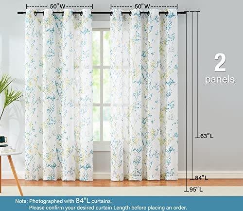 Image of Treatmentex Branch Semi Sheer Curtains for Living Room Yellow White Print Curtains for Bedroom 95 inch Length Teal and Grey Watercolor Window Panels with Multicolor Design Grommet Top 2pcs