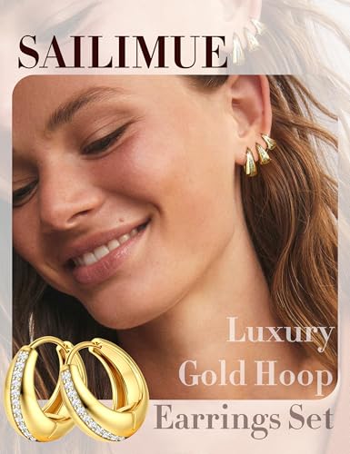 SAILIMUE 3 Pairs 14K Gold Plated Chunky Hoop Earrings for Women Trendy - image 2