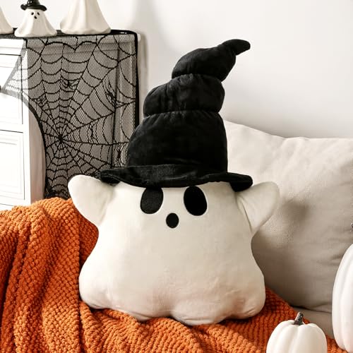 Bunny Chorus Halloween Decor Throw Pillows: Cute Plush White Ghost Pillow with Black Hat Soft Stuffed Fun Ghost Cushion Halloween Decorations Indoor for Kids Home Sofa Bed Office Couch Living Room