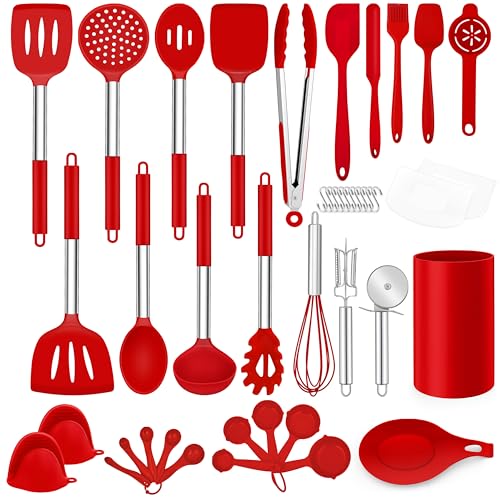 LIANYU 43 Pcs Kitchen Cooking Utensils Set, Silicone Cooking Utensils Spatula Set with Holder, Heat Resistant Kitchen Gadgets Tools for Nonstick Cookware Set, Stainless Steel Handle, Red