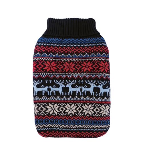 Hugo Frosch Öko-Wärmflasche 2,0l – Made in Germany – mit weichem Strickbezug Rot-Blau-Weiß Rentiere