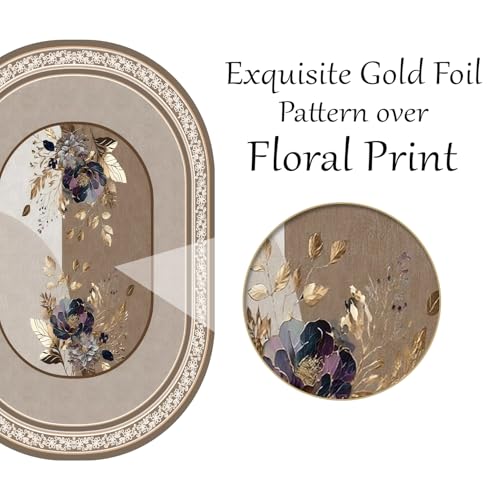 Image of Cloth Fusion Velvet Floral Oval Shape Dining Table Cover Cloth 6 Seater with Stunning Gold Foil Design for Home Decor (60x90 Inch, Taupe)