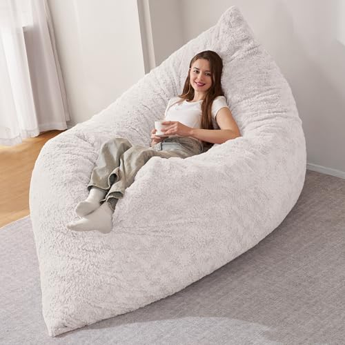 HABUTWAY 4 in 1 Bean Bag Chair, Giant Memory Foam Filling Bean Bag Sofa, Adult Bean Bag Chair, Machine Washable Faux Fur Cover, Bean Bag for Adult (White)