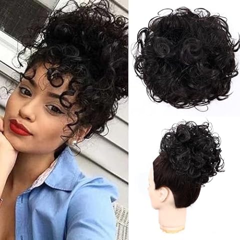 Messy Bun Hair Pieces for Women, Curly Bun Hairpieces Wavy Curly Short Synthetic Messy Bun Scrunchie Hair Elastic Drawstring Loose Ponytail Extension for Women Daily Use-Black brown Cover